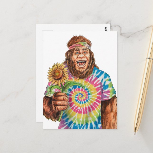 Carte Postale Hippie Sasquatch Avec Tournesol (Devant/Arrière en situation)
