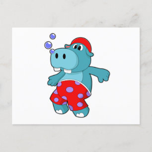 Carte Postale Hippo à la natation avec maillots de bain