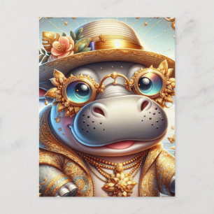 Carte Postale Hippo adorable en Gold Bling
