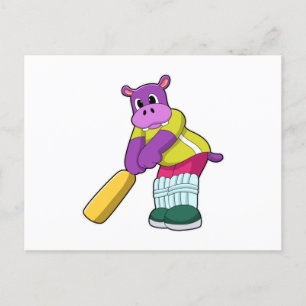 Carte Postale Hippo au cricket avec batte de cricket