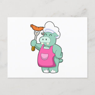 Carte Postale Hippo cuisiner avec des saucisses