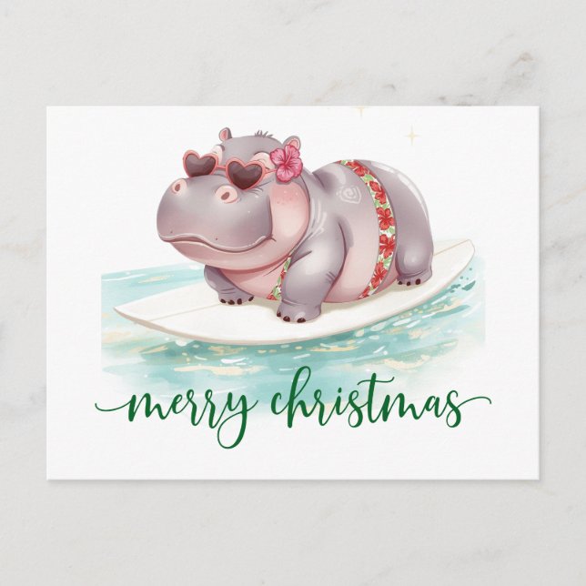 Carte Postale Hippo Surfer on Surf Board on Christmas Holiday  (Devant)