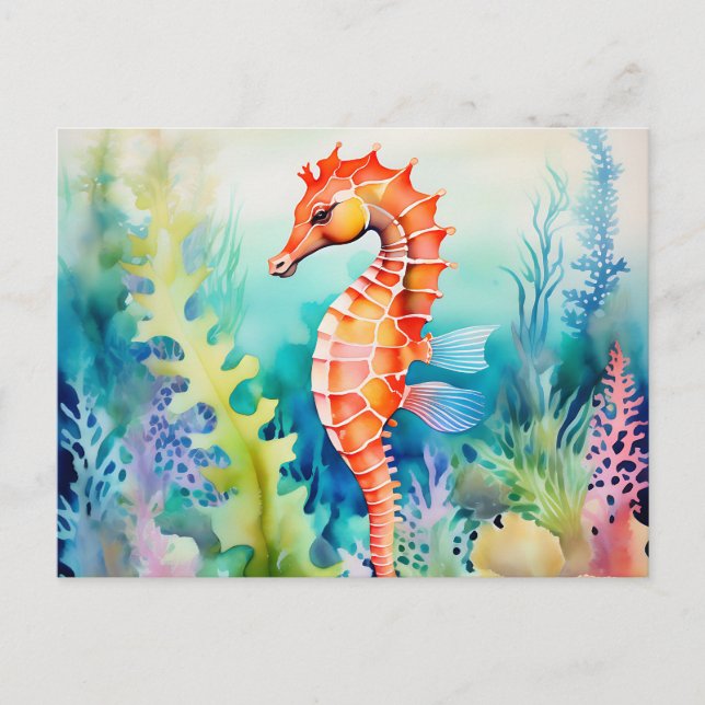 Carte Postale Hippocampe délicat avec aquarelle de récif coralli (Devant)
