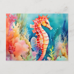 Carte Postale Hippocampe gracieux en couches d'aquarelle vibrant