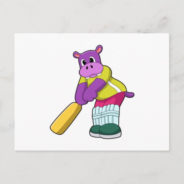 Carte Postale Hippopotame au cricket avec batte de cricket (Devant)