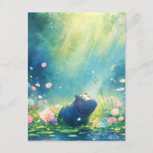 Carte Postale Hippopotame bleu dans une prairie fleurie ensoleil