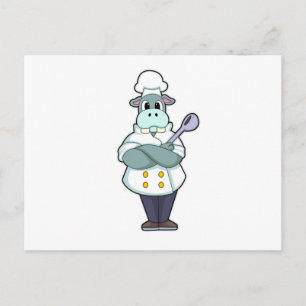 Carte Postale Hippopotame cuisinier avec cuillère en bois et tab