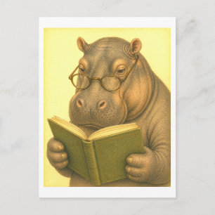 Carte Postale Hippopotame de style vintage en lecture