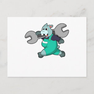 Carte Postale Hippopotame en mécanicien avec clé à tuyauter