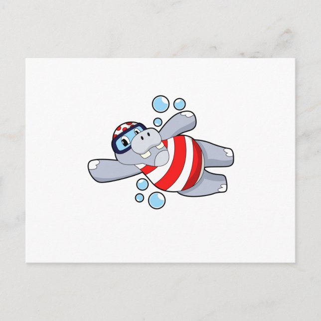Carte Postale Hippopotame en plongeur avec lunettes de natation (Devant)