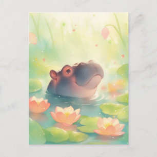 Carte Postale Hippopotame Nageant dans un Étang de Nymphéas Rose