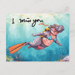 Carte Postale  Hippopotame Scaphandre sous l'eau Tu me manques 