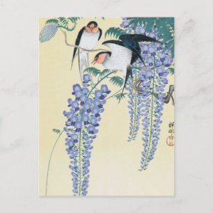 Carte Postale hirondelles et bactéries par Ohara Koson