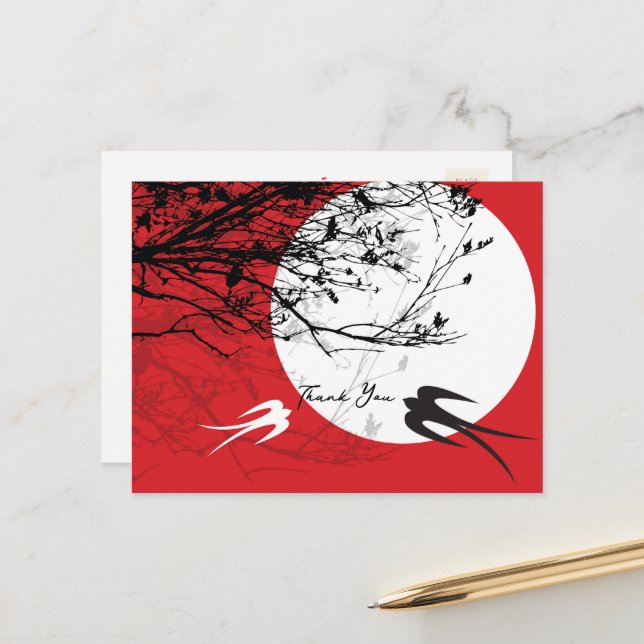 Carte Postale Hirondelles orientales en clair de lune Asiatique  (Devant/Arrière en situation)