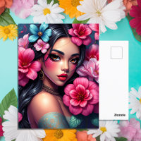 Hispanique Anime Girl avec de jolies fleurs roses
