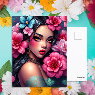 Carte Postale Hispanique Anime Girl avec de jolies fleurs roses