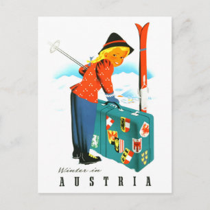 Carte Postale Hiver en Autriche, fille de ski avec grande valise