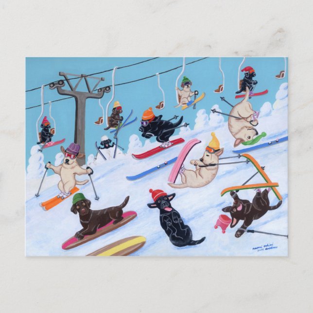 Carte Postale Hiver Fun Ski Labradors Peinture (Devant)