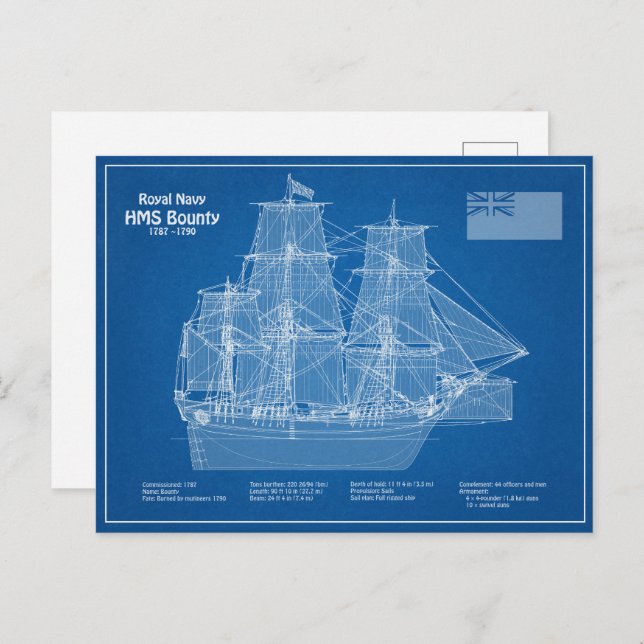 Carte Postale HMS Bounty - Plan directeur des navires ABD (Devant / Derrière)