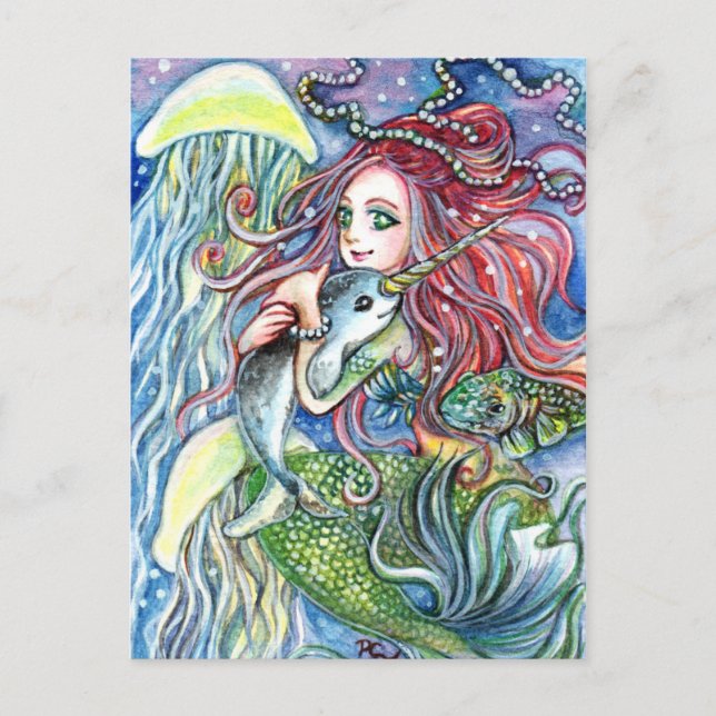 Carte Postale Holding Narwhal Baby - Mermaid Art (Devant)