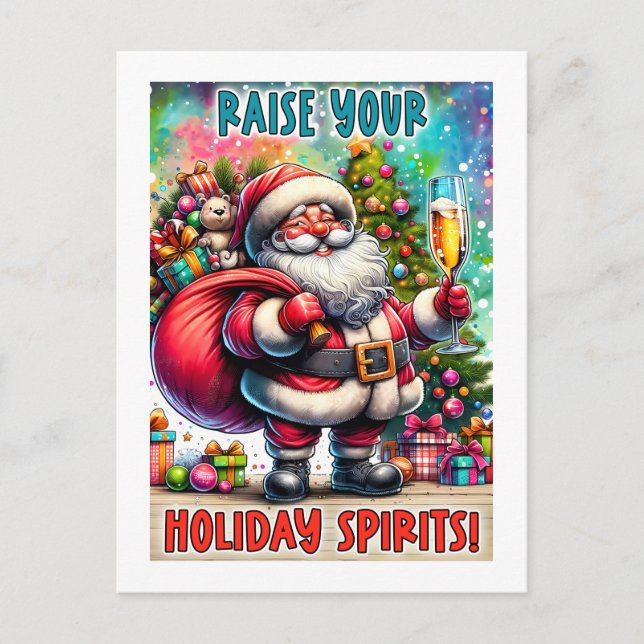 Carte Postale Holiday Party Santa – Champagne, Tree & Teddy Bear (Devant)