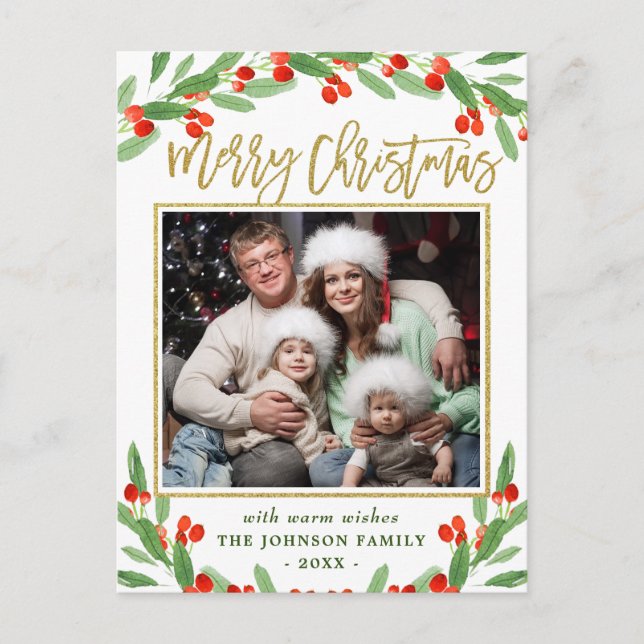 Carte Postale Holly Berry Branch PHOTO Noël Salutation (Devant)