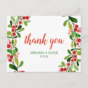 Carte Postale Holly Feuilles Berry Noël   Merci Mariage