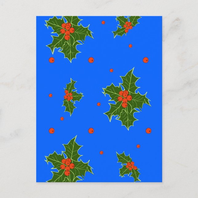 Carte Postale Holly (Ilex) Motif de Noël sur Arrière - plan bleu (Devant)