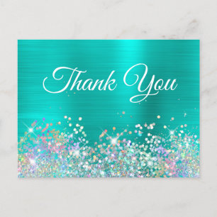 Carte Postale Holo Paillettes Turquoise Papier Métallisé Merci
