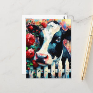 Carte Postale Holstein Picket de vache clôture Roses rouges Noir