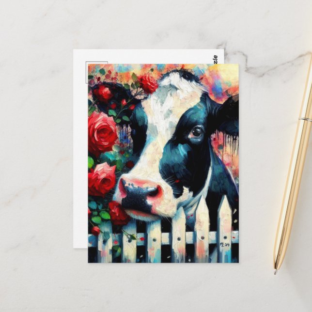 Carte Postale Holstein Picket de vache clôture Roses rouges Noir (Devant/Arrière en situation)