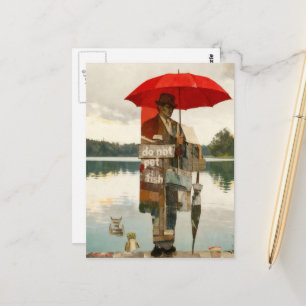 Carte Postale Homme avec parapluies Ne caressez pas les poissons