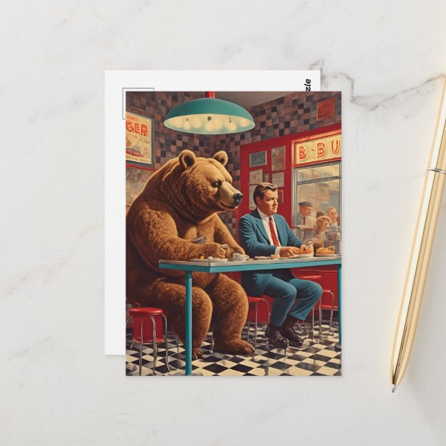 Carte Postale Homme drôle et ours à Retro Diner (Devant/Arrière en situation)