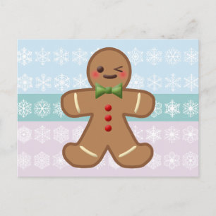 Carte Postale Homme en pain d'épices Kawaii & flocons de neige