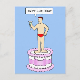 Carte Postale Homme en sous-vêtements sur gâteau Joyeux annivers