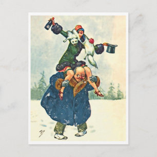 Carte Postale Homme et femme fêtant le Nouvel An, drôle vintage