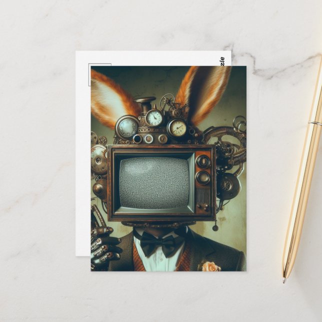 Carte Postale Homme Lapin Steampunk Avec une Tête de Télévision  (Devant/Arrière en situation)