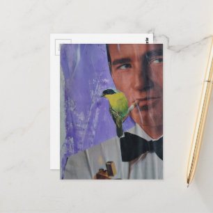 Carte Postale Homme Rétro Fumant et un Joli Petit Oiseau Collage