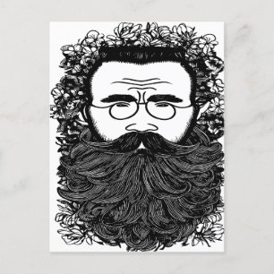 Carte Postale Homme Whimsical Beard Mustache Fleurs Art