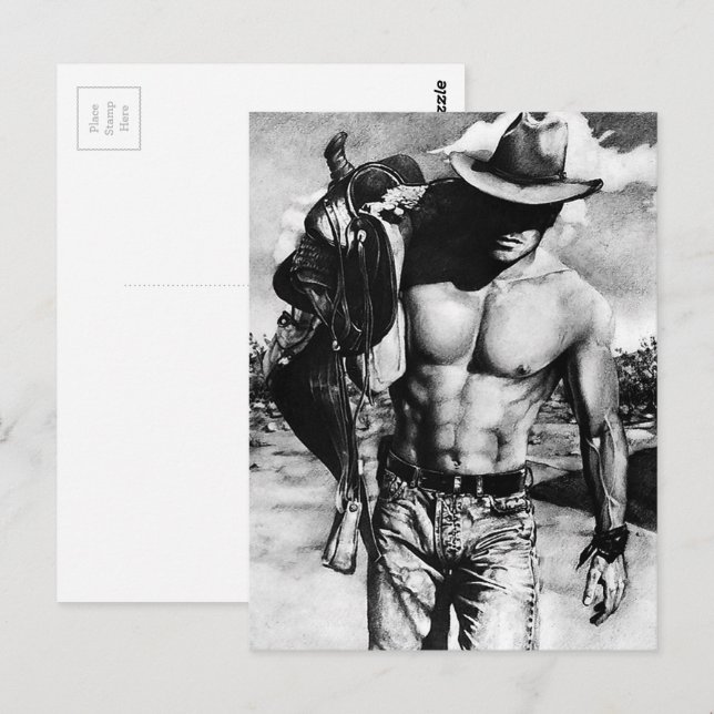 Carte Postale Hommes Cool moderne Western Homme Cowboy Art dessi (Devant / Derrière)