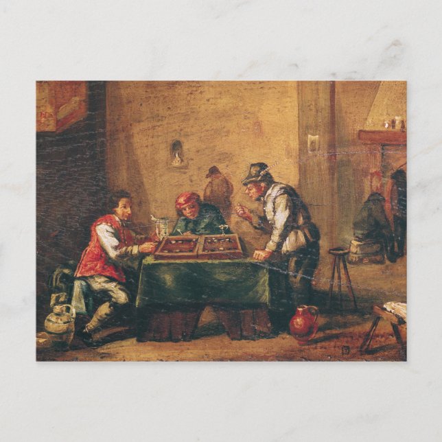 Carte Postale Hommes jouant au jacquet dans une taverne (Devant)