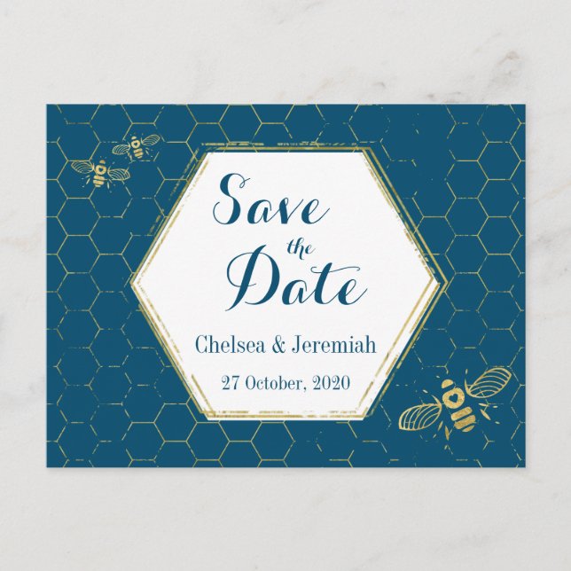 Carte Postale Honey Bee Turquoise Gold Motif Enregistrer la date (Devant)