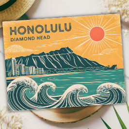 Carte Postale Honolulu Diamond Head Oahu Waikiki Rétro Minimal