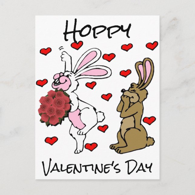Carte Postale Hoppy Valentine's Day - Lapin lapins et Coeurs (Devant)