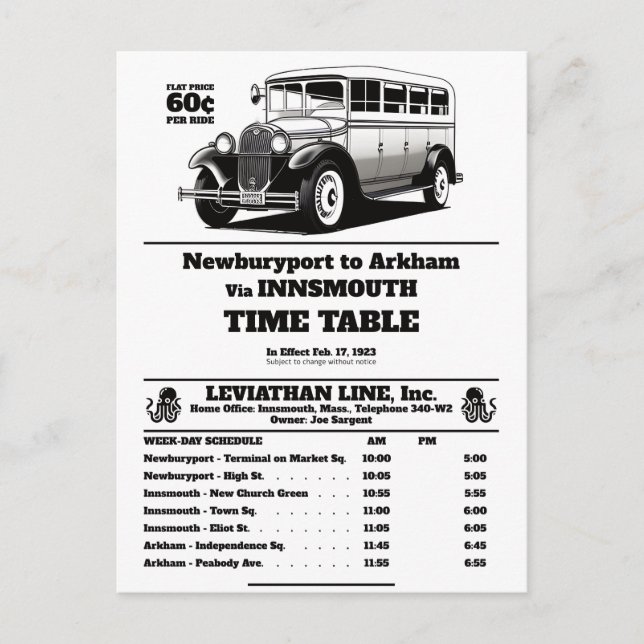 Carte Postale Horaire de l'autobus d'Innsmouth Joe Sargent (Devant)