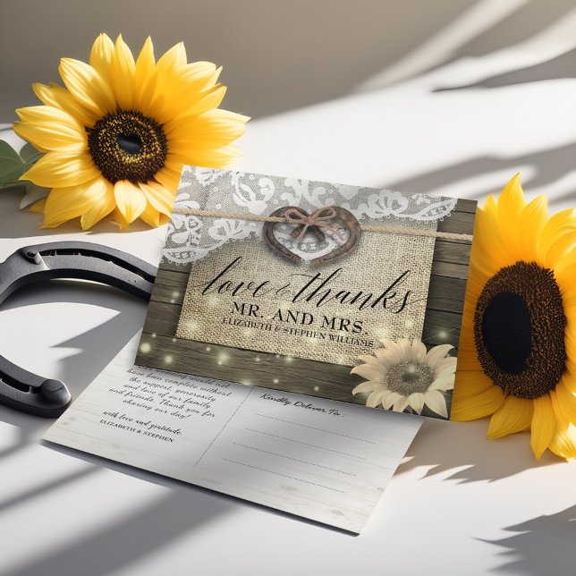 Carte Postale Horseshoe Tournesol Pays Mariage bois Merci (Créateur téléchargé)