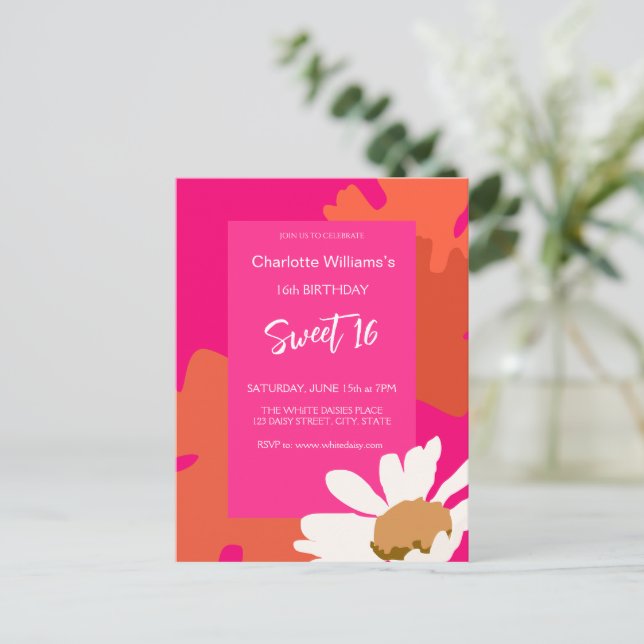 Carte Postale Hot rose et orange Floral Seize Anniversaire (Debout devant)