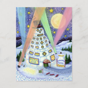 CARTE POSTALE HÔTEL FUNNY SNOWMAN, LUMIÈRES DU NORD ET PENGUINS
