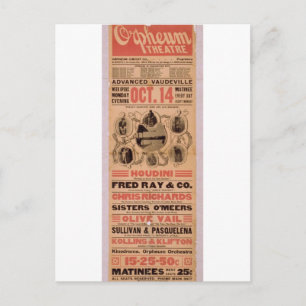 Carte Postale Houdini, 'Orpheuw' Théâtre Rétro
