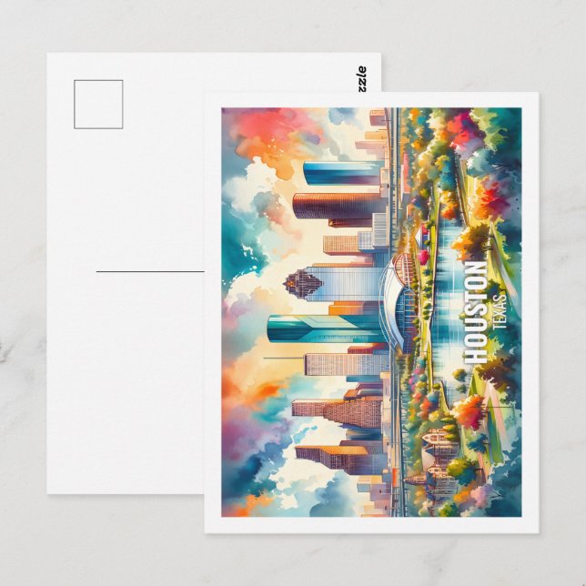 Carte Postale Houston Texas USA Famous Place aquarelle (Devant / Derrière)